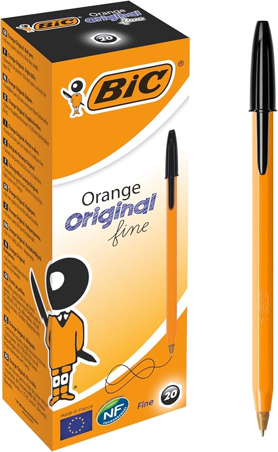 BIC Orange Fine, Ballpoint Pens, Writing Pens with Long-Lasting Ink, Fine Point (0.8 mm), Black Ink, Box of 20