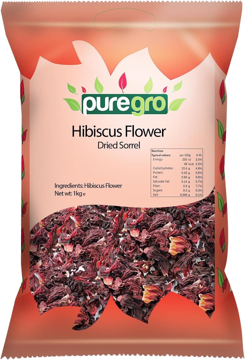 Puregro Hibiscus Flowers Whole Dried | 1kg | Pack of 1 | Hibiscus Tea Infusion | Flor de Jamaica | Dried Sorrel | Quality Ingredient for Brewing & Distilling