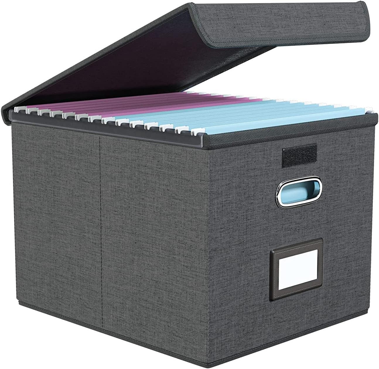 Okydoky Portable File Folder Box with Lid Foldable Canvas Hanging Storage Boxes with Plastic Slide Decorative Filling System for Home/Office for Files and Folders (1P Dark Grey)