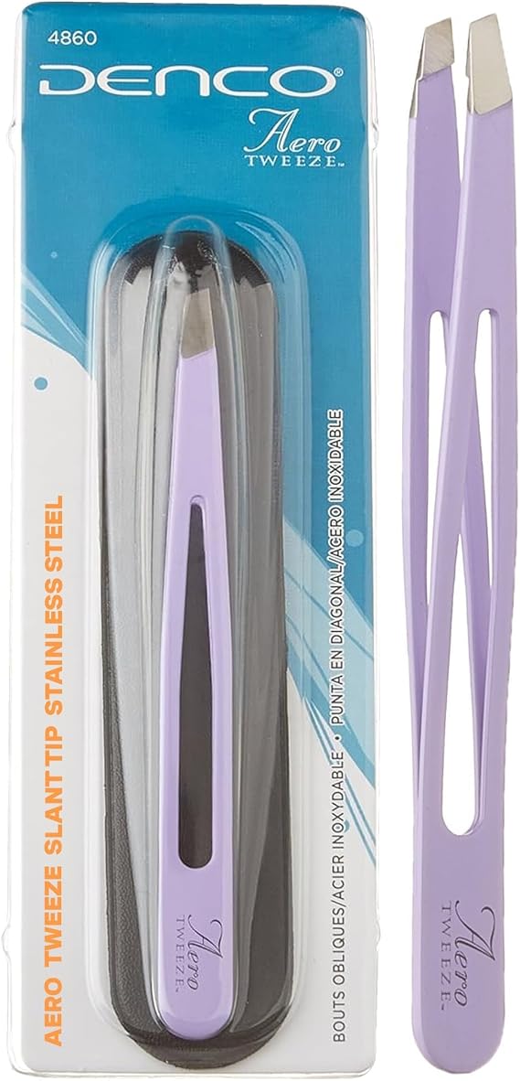 Denco Aero Tweeze Slant Tip Tweezers Precision Eyebrow Tweezers for Shaping and Fine Hair Removal, Stainless Steel with Cut-Out Body Design, Lightweight Grip with Protective Pouch