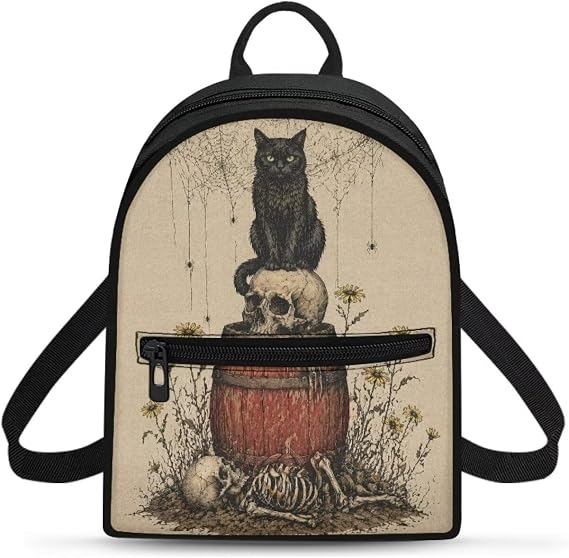 Goth Cat Skull Mini Backpack Purse for Women with Zipper Pocket