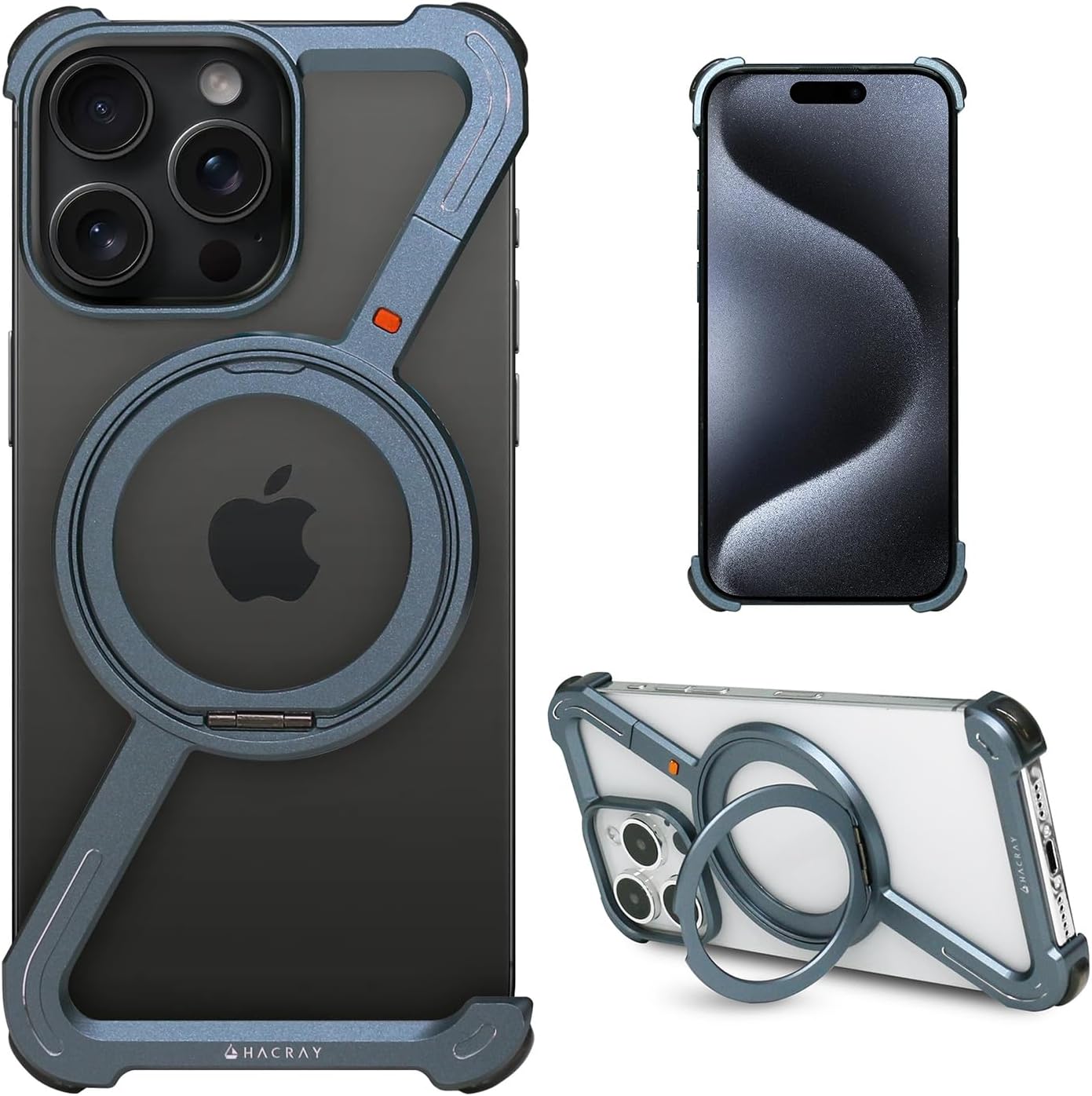 Hacray HR26888i15PM Bumper Case, 360° Rotation, Magsafe Ring Stand, Aluminum Material, Impact Resistant, Durable, MagSafe Compatible, Drop Prevention, Smartphone Grip, Aluminum Blue
