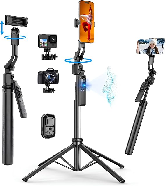 Coverzone Profesyonel Tripod ve Selfie Çubuğu, 360° Yapay Zeka Yüz Takibi, AI Hareketle Komut, 1/4 Vidalı, Canlı Yayın, Vlog, Fotoğraf, Uzaktan Kumandalı,160cm C17