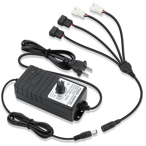 Wathai 36W 12V PWM PC Fan Speed Controller 100-240VAC to 5-12V 3A | Adjustable Power Adapter, 2P 3P 4Pin Cooling Fan Splitter Cable DC Female to 2/3/4 Pin