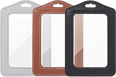 3 Pcs Vertical Leather Badge Holders, BlackBrownGray ID Holder for Lanyard, Waterproof Clear Card Holder for School ID Office ID, ID Protector for Women,Men