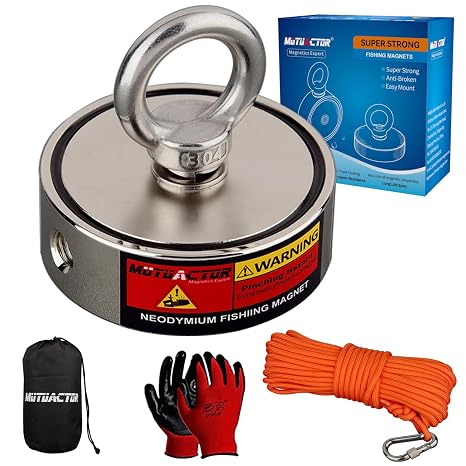 MUTUACTOR Fishing Magnet Kit Heavy Duty, Double Sided 1320lbs Rare Earth Magnets with 65Ft Salvage Rope, Super Strong 2.95'' Neodymium Magnet Fishing Kit for Retrieving Treasure in River