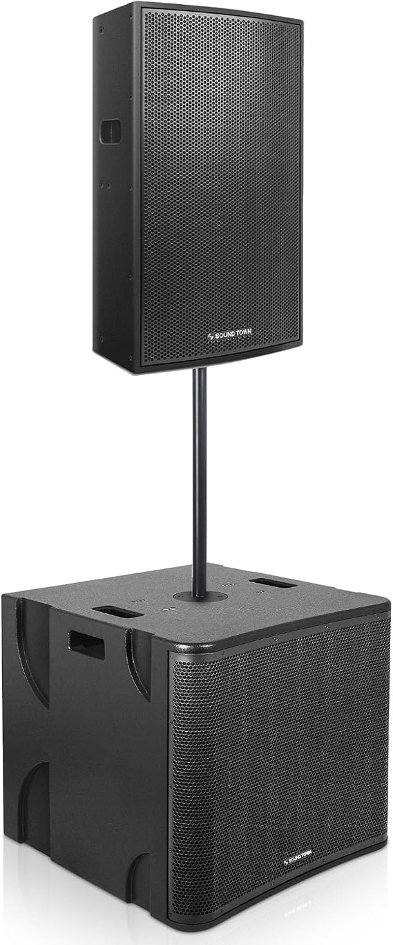 Sound Town CARME Series Powered PA Speaker and Sub Combo Set with One 15 PA Speaker, One 18 Subwoofer, One Subwoofer Pole, Birch Plywood, Black