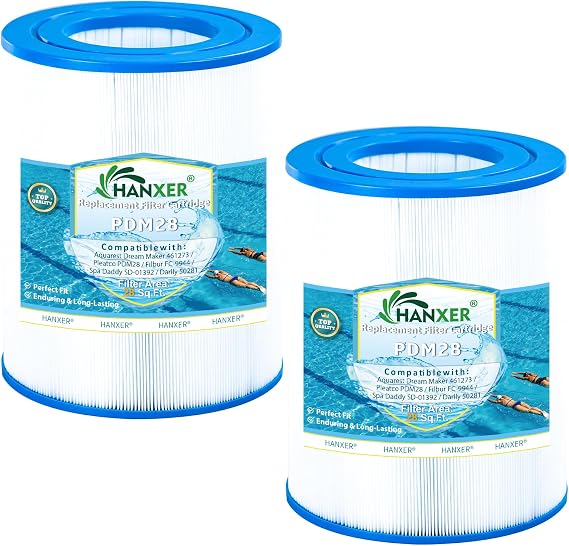 HANXER PDM28 Spa Filter Cartridge Compatible with Filbur FC-9944, Aquarest Dream Maker 461273, SD-01392, FC9944, 50281 Hot Tub Filter, 28 sq.ft Filter Cartridge, 2 Pack