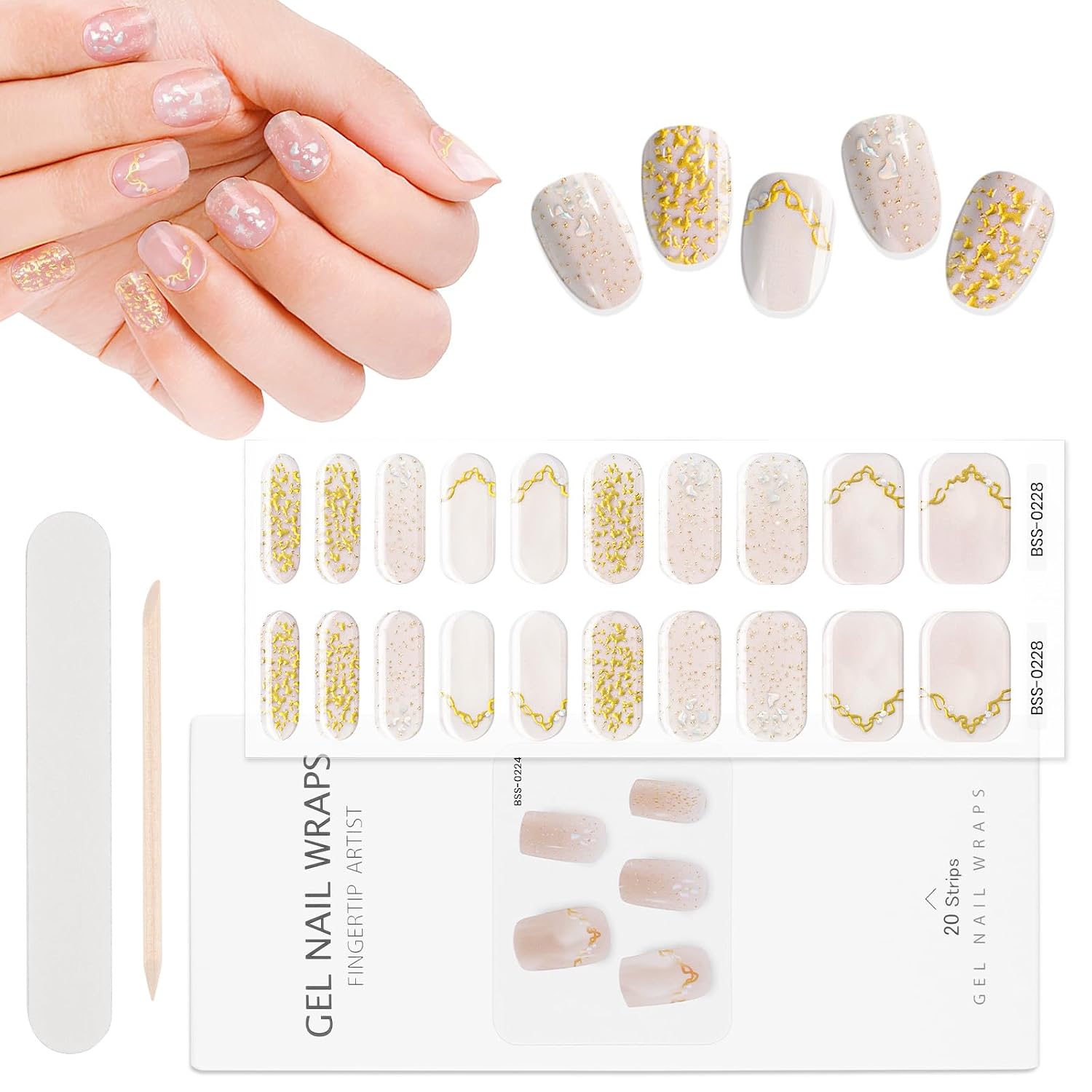 TOROKOM 20 Golden Pink White Gel Nail Strips - Adhesive Stickers Wraps with Nail File Stick and Sealing Strip UVLED Lamp Required