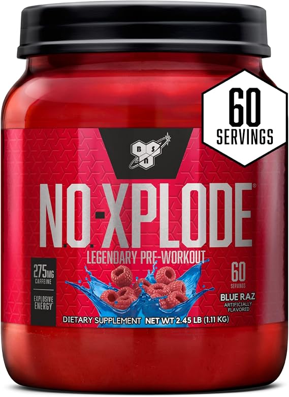 BSN N.O.-XPLODE Pre Workout Powder with Creatine, Blue Raz, 60 Servings