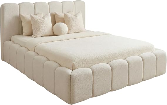 Luxury Cloud Teddy Boucle With Or Without Ottoman Storage Bed Frame 40 in Panel Headboard With Optional Mattress (Cream Boucle, 4ft 6in double)