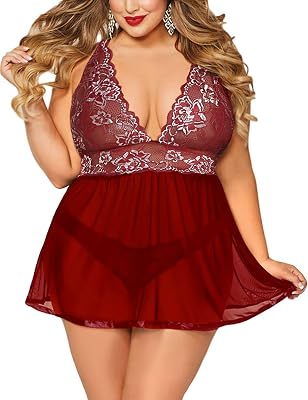 Avidlove Women Sexy Nightwear Lace Halter Lingerie Mesh Babydoll V Neck Chemise Nightie Dark Red XL