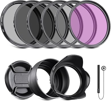NEEWER 52mm ND Filter Kit and Lens Accessories, ND2 ND4 ND8 UV FLD CPLCircular Polarizing Filter Set with Lens CapTulip Shaped Lens Hood