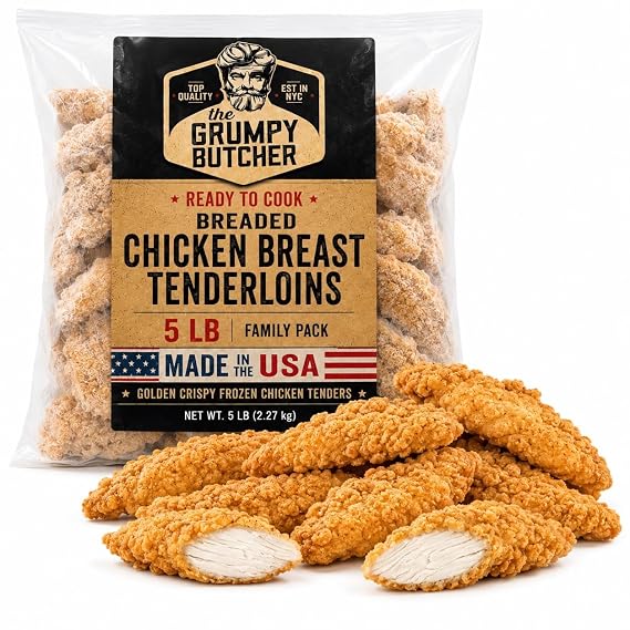 Grumpy Butcher Breaded Chicken Breast Tenderloins, Frozen, 5 lb | Oven or air-fryer ready, lightly seasoned, crunchy breaded coating, cooks from frozen