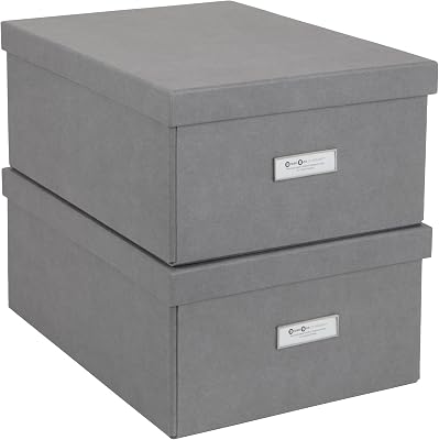 Bigso Box of Sweden Katia Collapsible Storage Box | Photo Storage Box with Labelframe | Simple Assembly without Tools | Decorative Storage Boxes with Lids | 11.3″x15.4″x6.4″ | Pack of 2 | Grey