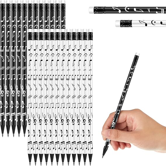 24 Pack Music Pencils for Kids Musical Pencils Round White Black Woodcase with Eraser for School Office Supplies Drawing Writing, 7 Inches