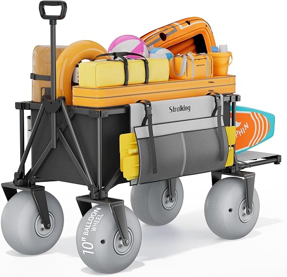 51" Beach Wagon with 10" PU Balloon Wheel,440LBS Beach Cart with Rear Tailgate, Foldable Wagon for Sand, Grass and Gravel,Black (Pump Included)