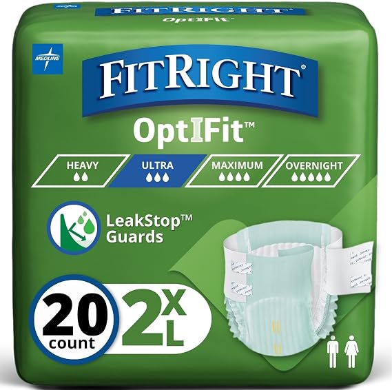 FitRight Ultra Adult Diapers, Disposable Incontinence Briefs, Leak-Proof Diaper, Absorbent Briefs for Men and Women, Maximum Protection, 2XL, 60 70 in, 20 Briefs per Bag