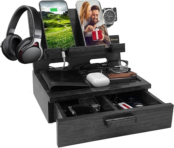 VEIYAILU Gifts for Him Husband Boyfriend Son Men Nightstand Organizer Wood Phone Docking Station Birthday Gifts (Black)