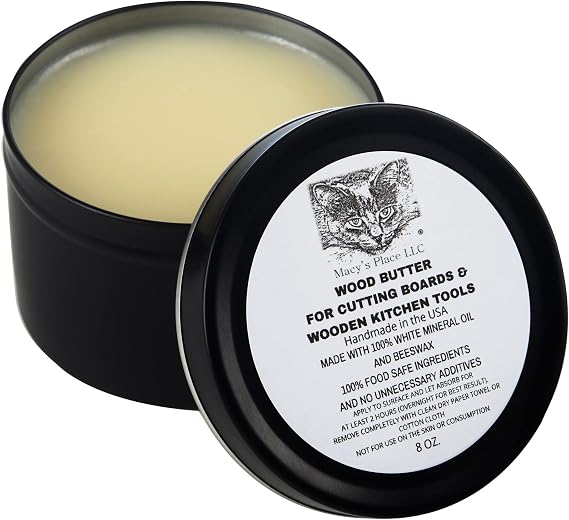 Wood Butter Cutting Board Wax - 8 oz - Conditioner for Butcher Block and Wooden Kitchen Tools. Macy;s Place LLC Food Grade Mineral Oil and Beeswax for Wooden Tools. Support Animal Rescue