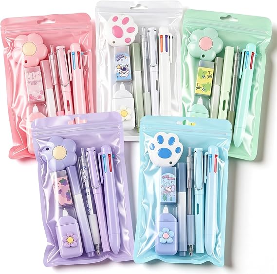 Sayglossy 5 Sets 7 Pcs Kawaii Stationery Set Cute Stationery Mini Office Supply Kit Cute School Supplies Including Ballpoint Pens Pencil Sharpener Highlighter Correction Tape Ruler Utility Knife