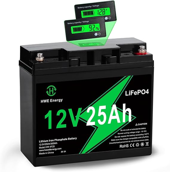 12V 25Ah LiFePO4 Rechargeable Battery for Fish Finder, Ride-on Toys, UPS | Voltage Display, 20A BMS, 5000+ Deep Cycle 12 volt Lithium Battery Replacement for 6FM20, Solar, Alarm System, RVs Backup