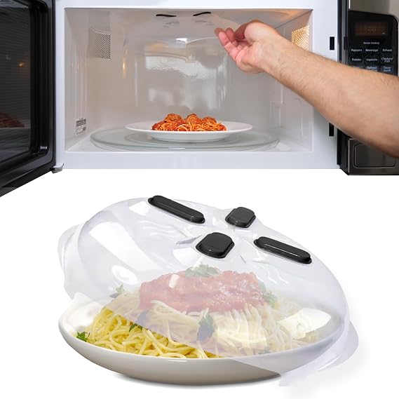 HOVER COVER Magnetic Splatter Cover, 12-Inch Clear BPA-Free Food Lid, Vented Plate Guard with Steam Vents, Anti-Splash Microwave Lid, Dishwasher Safe, Space-Saving Magnetic Storage - Onyx Black