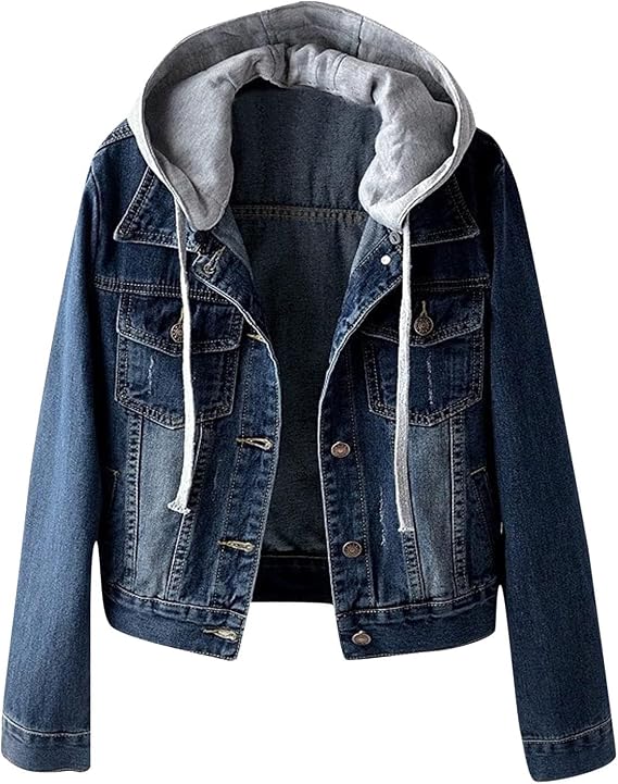 Jean Jacket Women with Hoodie Denim Jacket Long Sleeve Button Down Fall Coats Casual Fall Fashion Trucker Outerwear