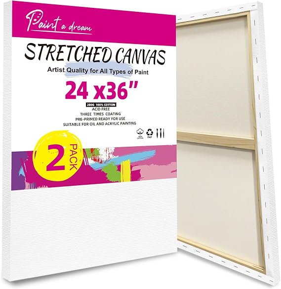 2Pack 60x90cm Canvas for Acrylic Painting, 2/3" Profile Warp-Resistant | 100%Cotton 280g, 24x36 Inch Reinforced Pine Frames, Triple Primed Acid-Free Stretched Canvas for Other Painting Media