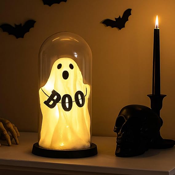 Seematn Halloween Light up Ghost Dome Cloche Table Centerpiece Decor,Boo