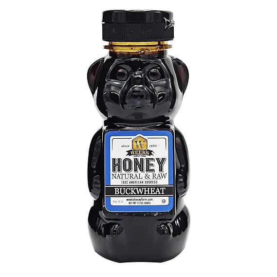 Weeks Honey Farm Raw Unfiltered Buckwheat Honey, 340g / 12 oz, Bear Bottle