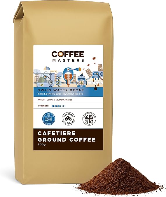 Coffee Masters Swiss Water Decaf Ground Cafetiere Coffee 500g - 100% Arabica Naturally Decaffeinated Beans - Great Taste Award Winner