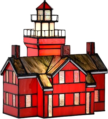 Bieye L10926 Big Bay Point Lighthouse Tiffany Style Stained Glass Accent Table Lamp for Home Decor