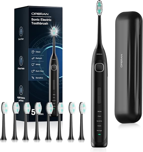 Operan Electric Toothbrush Rechargeable with 8 Brush Heads and Sonic Toothbrush with 5 Modes 2-Min Smart Timer & IPX7 Waterproof Electric Toothbrush for Adults, Travel Case (Black, 1Pack)