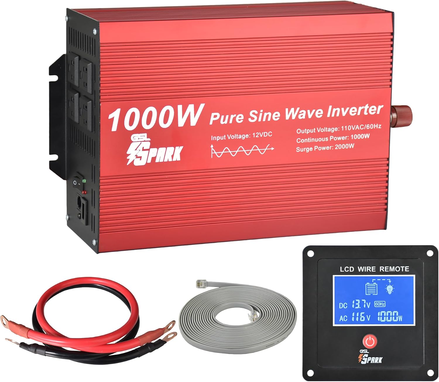 Pure Sine Wave Power Inverter 1000W Rated Power and 2000W Surge Power, DC12V to AC110V 60Hz, with 4 AC Output receptacles, USB and LCD Remote Display