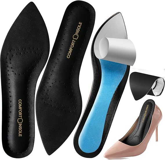 Leather High Heels Insoles for Women, Uultra-Thin Self-Adhesive Non-Slip Pointed Toe Heel Inserts, Shock & Sweat Absorption - Comfort Shoe Pads for High Heels Sandals Flats (Black, Women 6-7 .5)