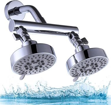Double Shower Head with Shut-Off Valve, Bathathroom High Pressure Dual Fixed Rain Shower Head Combo with Brass Dual Outlet Manifold, Adjustable 5 Function Showerhead Chrome