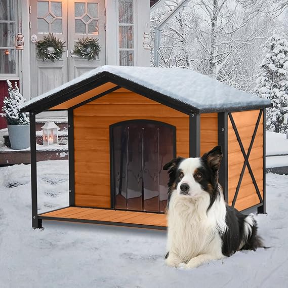 Suumerpety Outdoor Dog House,Weatherproof Wooden Dog Shelter for Small to Medium Sized Dogs,Iron Frame Indoor Outdoor Doghouse,Puppy Kennel,Pets Warm House in Winter with Large Porch