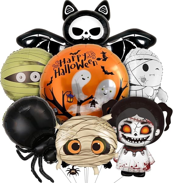 7 PCS Halloween Balloons, Cute Mummy Spider Bat Ghosts Balloons Halloween Party Decorations for Boy Girls Birthday Baby Shower Wedding Party Decorations Supplies