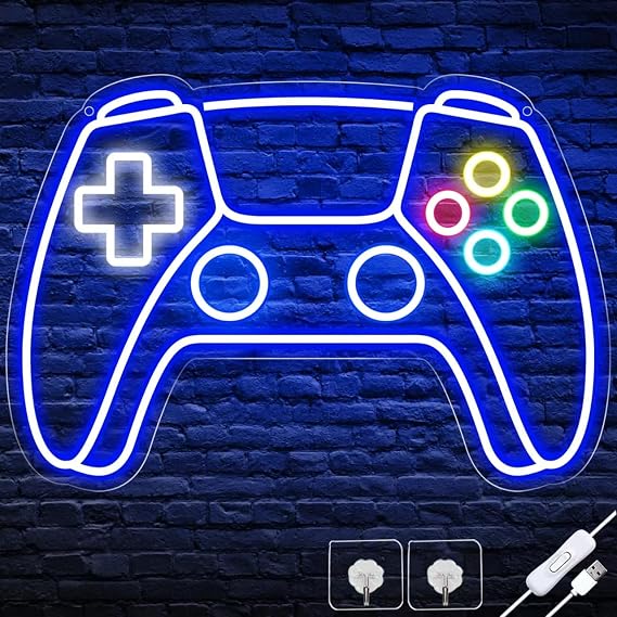 Ethlomoer Game Neon Sign, Gamepad Shaped Gaming Neon Light Sign, USB Powered Led Sign, Gamer Gifts, Neon Signs for Wall Decor, Kids Game Room, Boys Bedroom, Wall Art Decoration