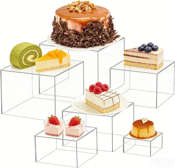 Food Risers for Buffet, 6 Dimensions 3in+4in+5in+6in+7in+8in White Acrylic Food Risers, Dessert Table Display Set for Cake Wedding Cupcake Dessert Party (Transparent)