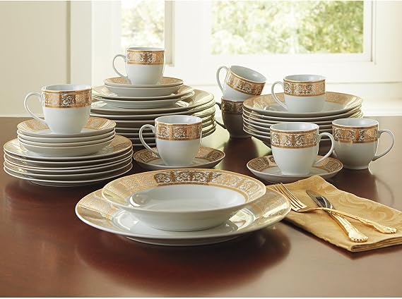 BrylaneHome Medici 40-Pc. Golden Porcelain Dinnerware Set - Gold White