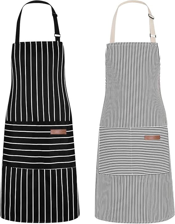 2 Pack Unisex Adjustable Bib Apron with Pockets for Cooking Kitchen, Chef Women Men Aprons for Home Kitchen Restaurant,Coffee House, Black & Grey