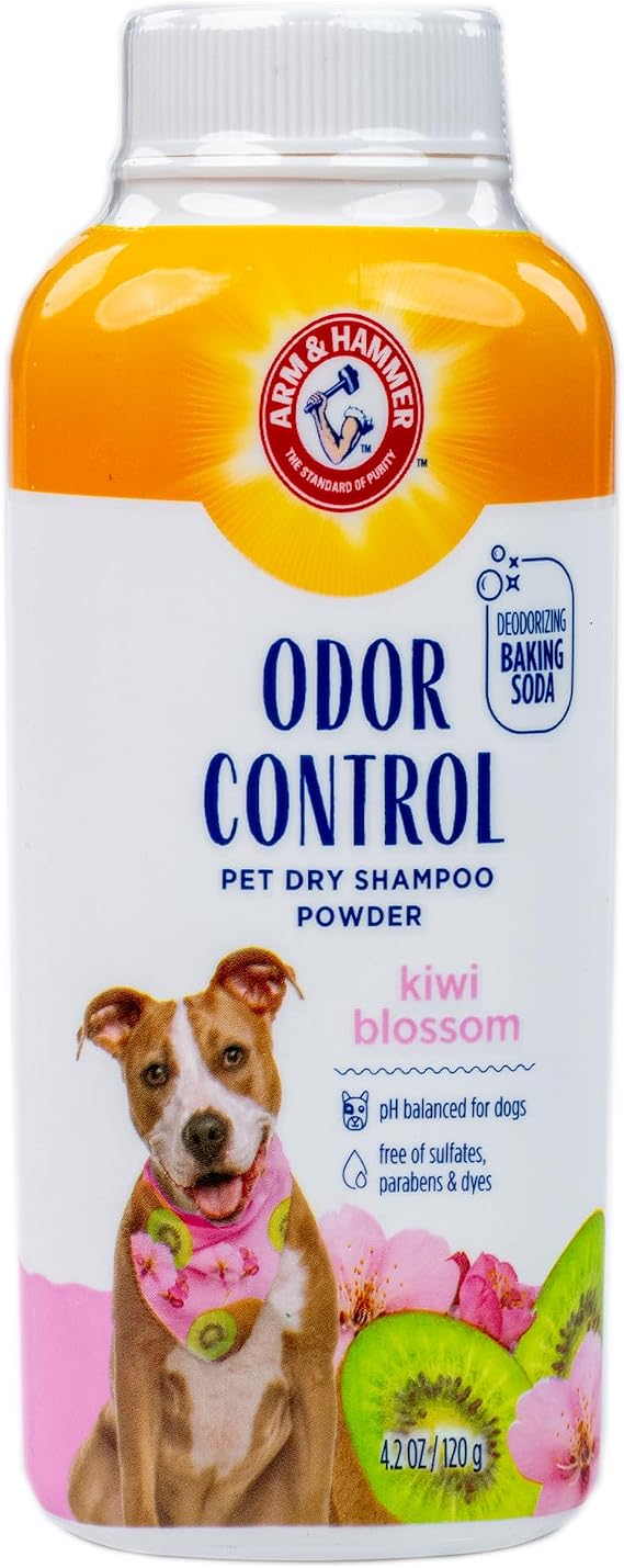 Arm & Hammer Odor Control Dry Shampoo Powder for Dogs, Kiwi Blossom, 4.2 Oz | Waterless deodorizer for at-home or travel use, paraben, sulfate, and dye free