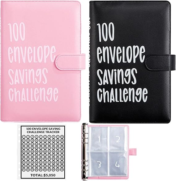 2PCS 100 Envelopes Money Saving Challenge, Envelopes Challenge Binder, Achieving Financial Goals with a Budget Binder and Cash Envelopes, Successfully Reach Your Savings Goals of $5,050 (Pink+Black)