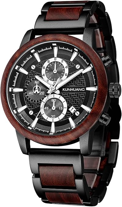 IK COLOURING Men's Wooden Watches, Multifuctional Quartz Chronograph & Date Display Watch for Men Handmade Wood Wrist Watch Luminous Stylish Casual Lightweight Wood & Stainless Steel Male Watch