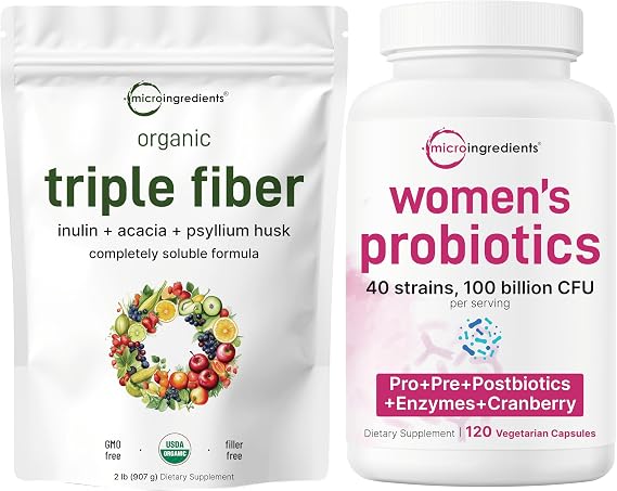 Micro Ingredients Organic Triple Fiber Powder & Womens Probiotics 100 Billion CFU Veggie Capsules | 2 Pack | Soluble Fiber + Inulin, Acacia, Psyllium Husk | 40 Strains + Cranberry & D-Mannose |