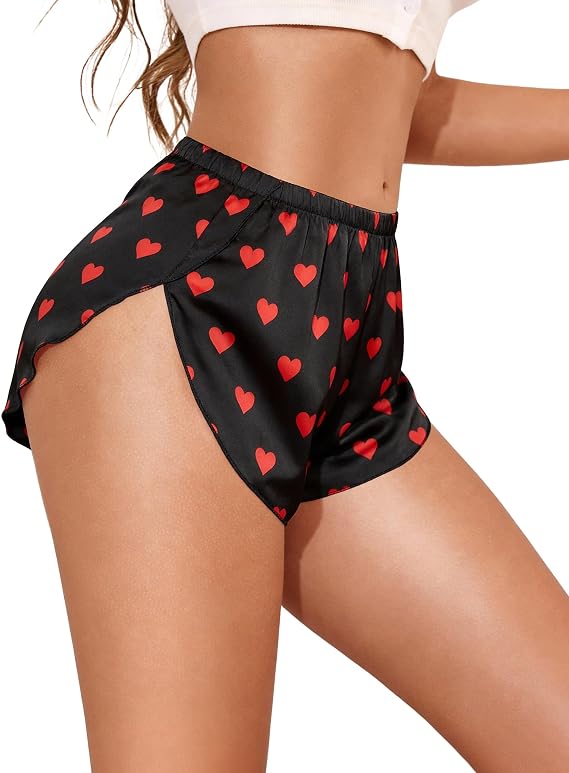 Women Satin Pajama Shorts Cute Micro Shorts Side Slit Silk Lounge Bottoms Nightwear