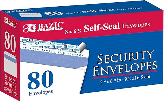 BAZIC Security Self Seal Envelope 3 5/8" x 6 1/2" #6, No Window Tint Pattern Mailing Envelopes, Peel & Seal (80/Pack), 1-Pack | 3 5/8 x 6 1/2 in, Printed privacy tint for checks and statements, For home and office mailing