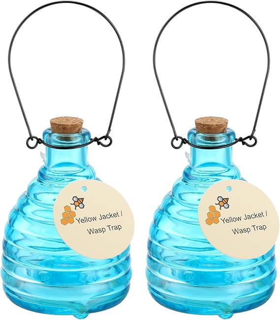2 Pieces Glass Wasp Trap Outdoor Hanging Reusable Wasp Traps with Steel Hooks Yellow Jacket Catchers Trap for Outside Garden Farm Courtyard Garden, Blue